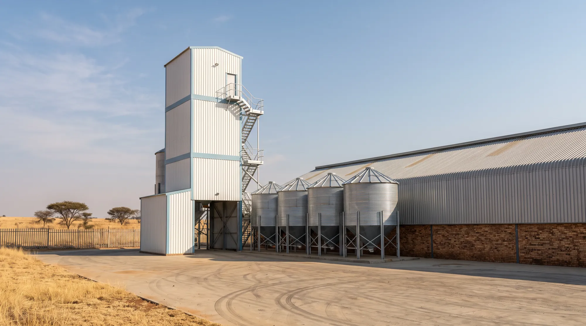 A modern feed mill with a white-clad tower and blue trim band, galvanised storage bins and a face-brick warehouse under a clear Highveld sky