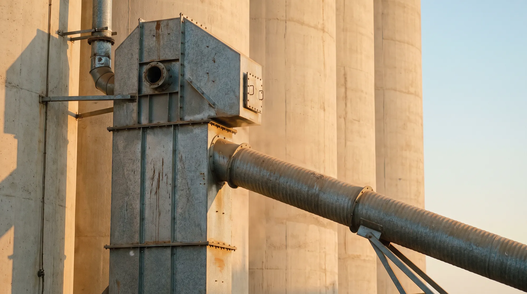 A galvanised bucket elevator and an inclined auger tube against pale concrete grain silos in low evening sun