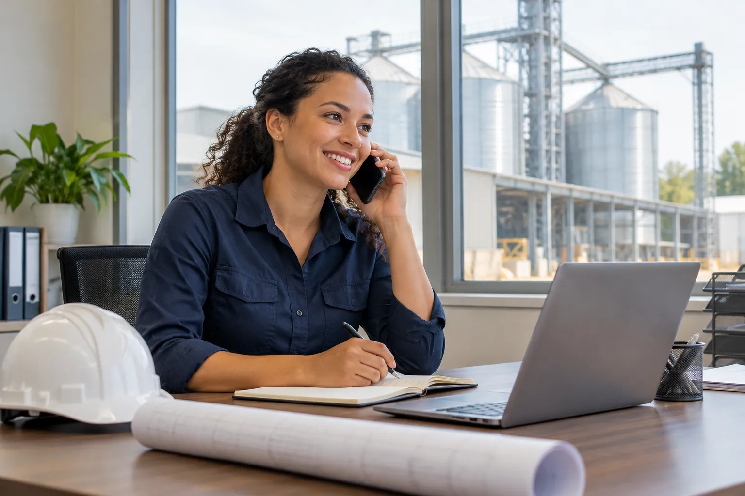 A woman in a navy work shirt smiling as she talks on her mobile phone at a desk in a plant office, a notebook and laptop in front of her, a white hard hat and a rolled site plan beside her, and grain silos through the window behind