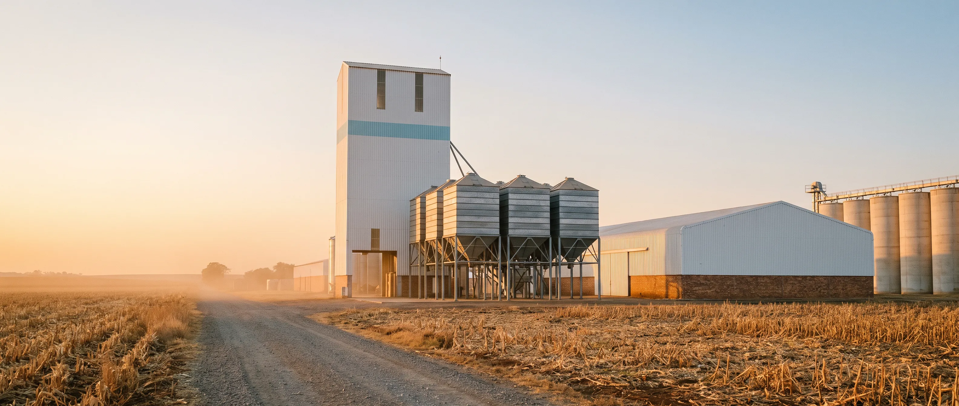 A modern feed mill with a white tower and blue trim band, galvanised bins and a white warehouse, across harvested maize fields at golden hour