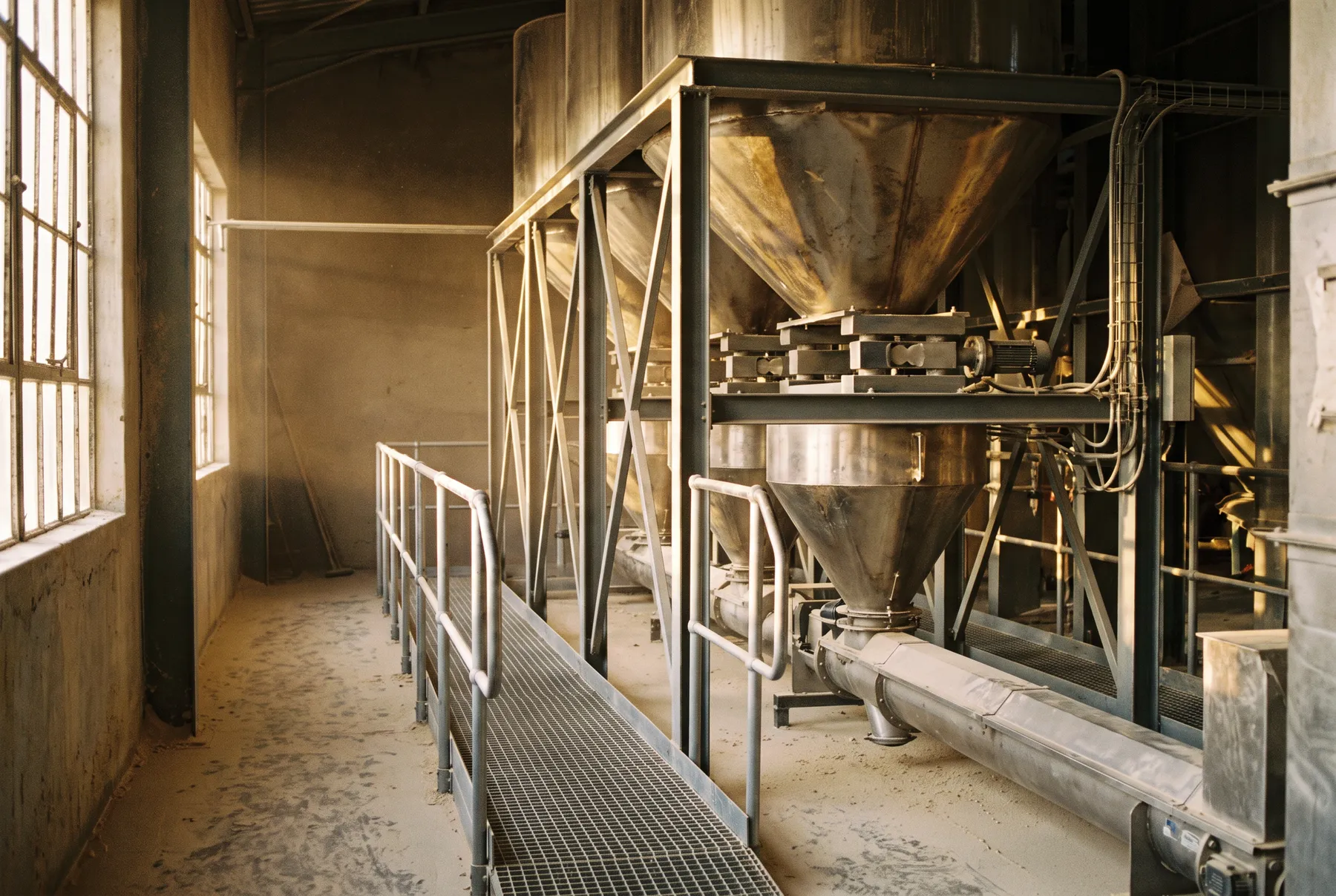 Stainless steel weigh hoppers on load cells above a screw conveyor, beside a galvanised walkway in a feed mill