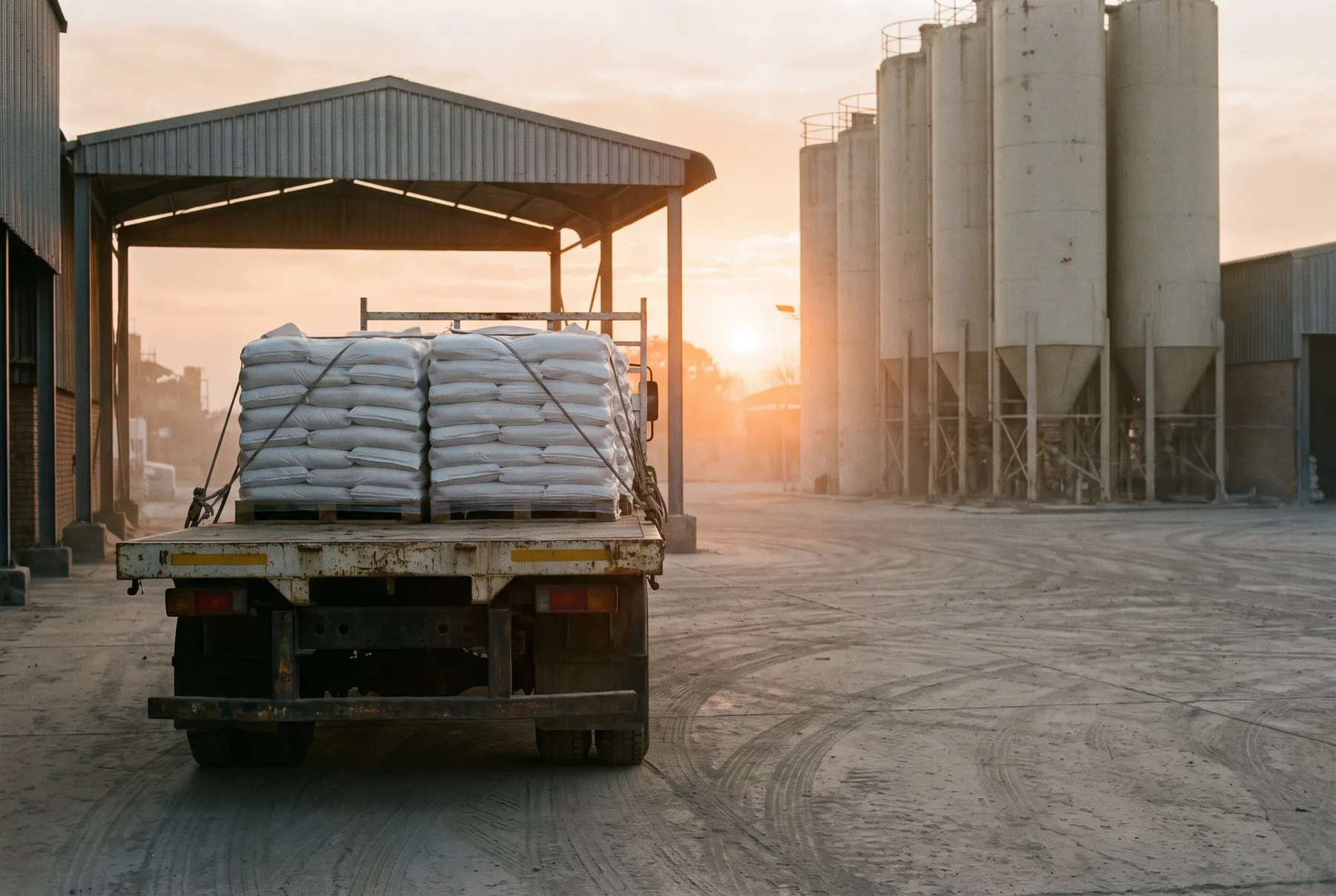 The rear of a flat-bed truck loaded with stacked pallets of plain white feed bags in a dispatch bay