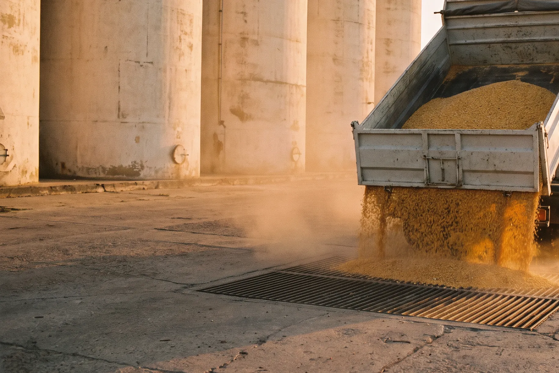 A tipper truck with its body raised, pouring maize onto a steel intake grate below tall concrete silos