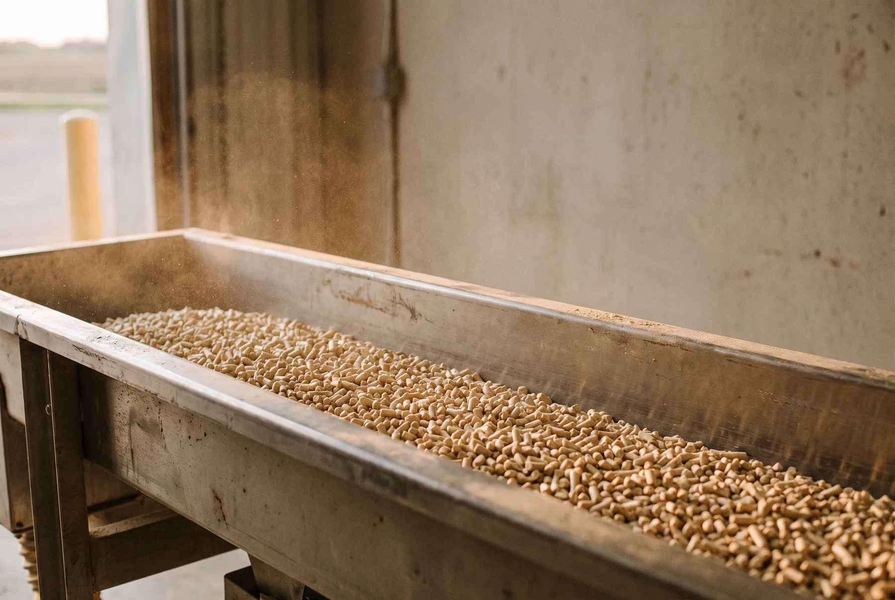 Short pale feed pellets travelling along a stainless steel vibrating conveyor trough