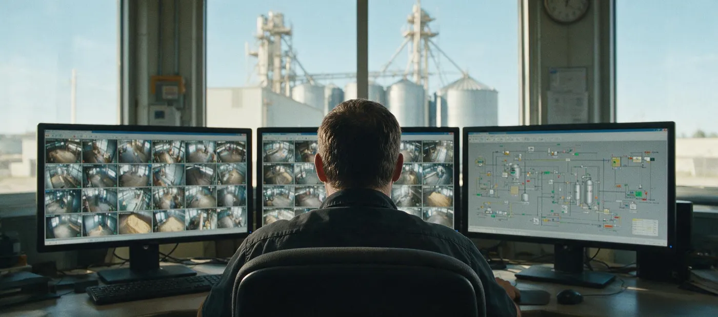 An operator seen from behind at a desk with three monitors showing plant camera views and a process diagram