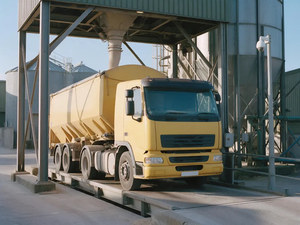 A plain yellow bulk feed truck on a weighbridge under a loading spout with a camera on a pole