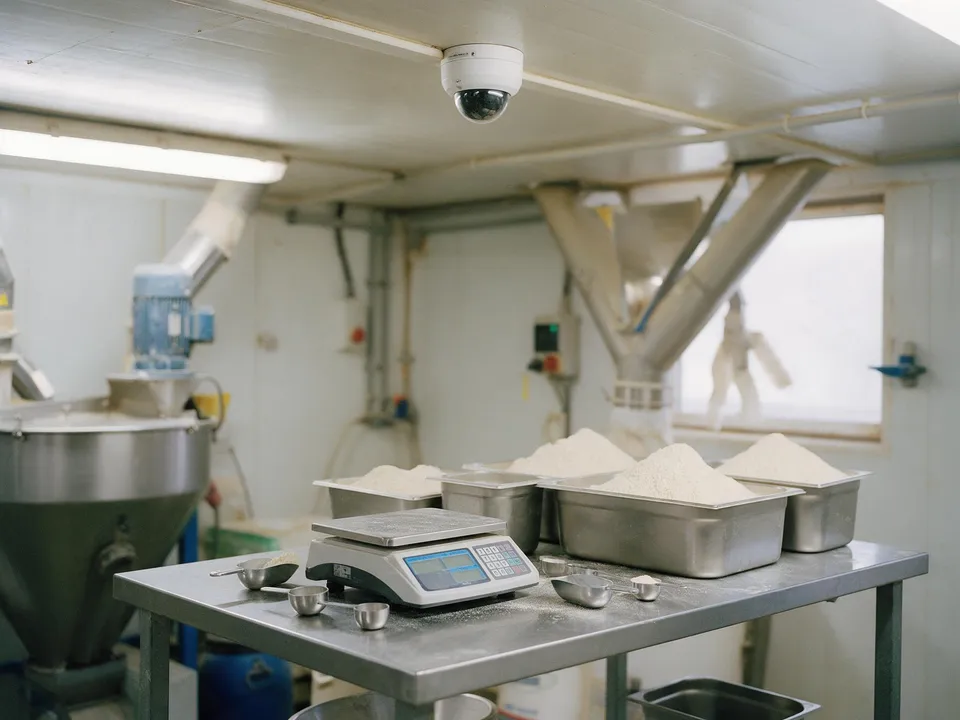 A stainless steel preparation table with a platform scale, dosing scoops and tubs of fine powder under a dome camera