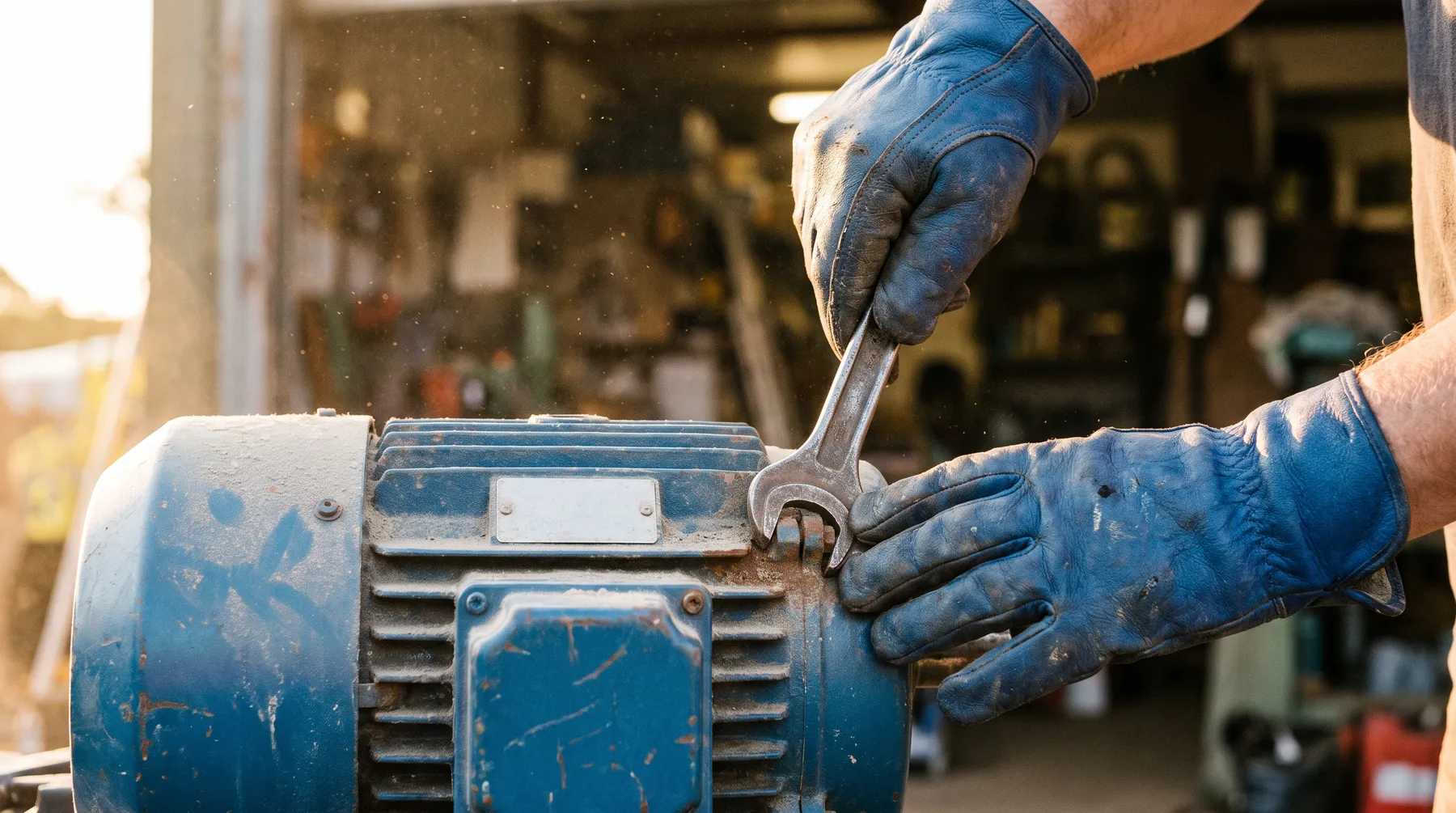 Gloved hands fitting a spanner to a blue electric motor in a workshop
