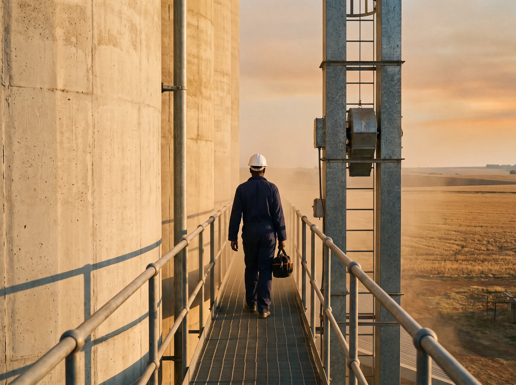 A maintenance technician in a hard hat and navy overalls, seen from behind, walking along a steel walkway beside concrete grain silos