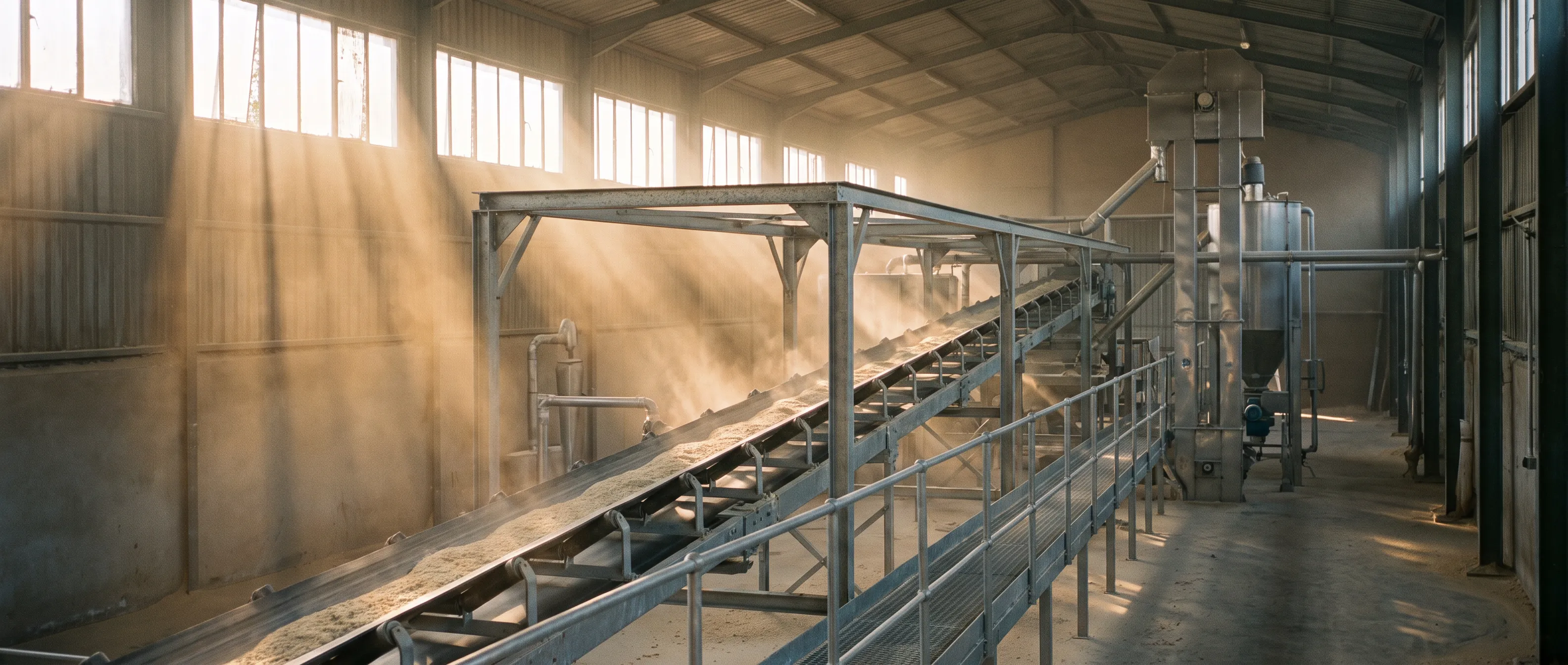A feed mill production hall with a long belt conveyor under a steel gantry, lit by low sun through high windows