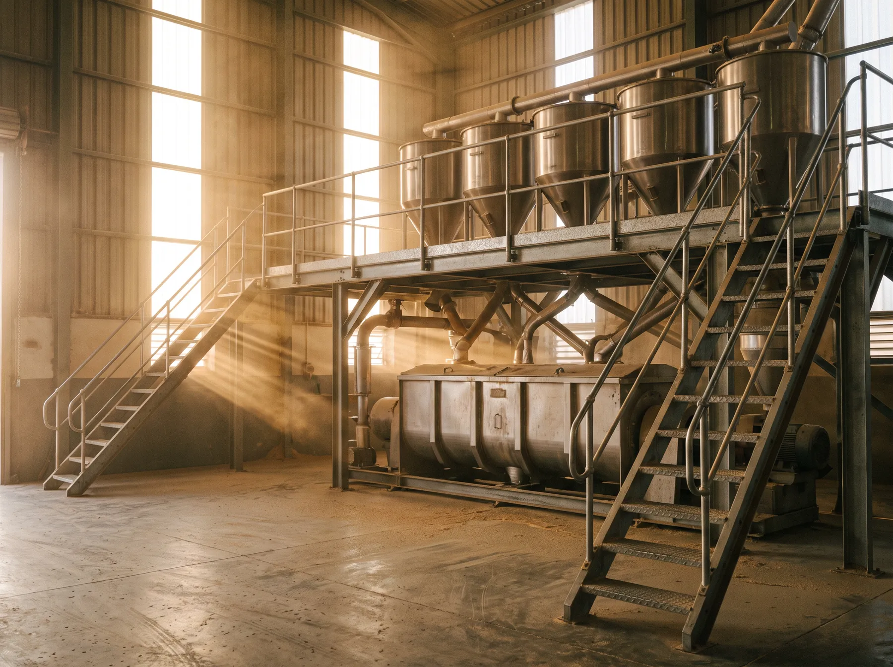 A batching floor with stainless steel weigh hoppers on a steel platform above a horizontal mixer