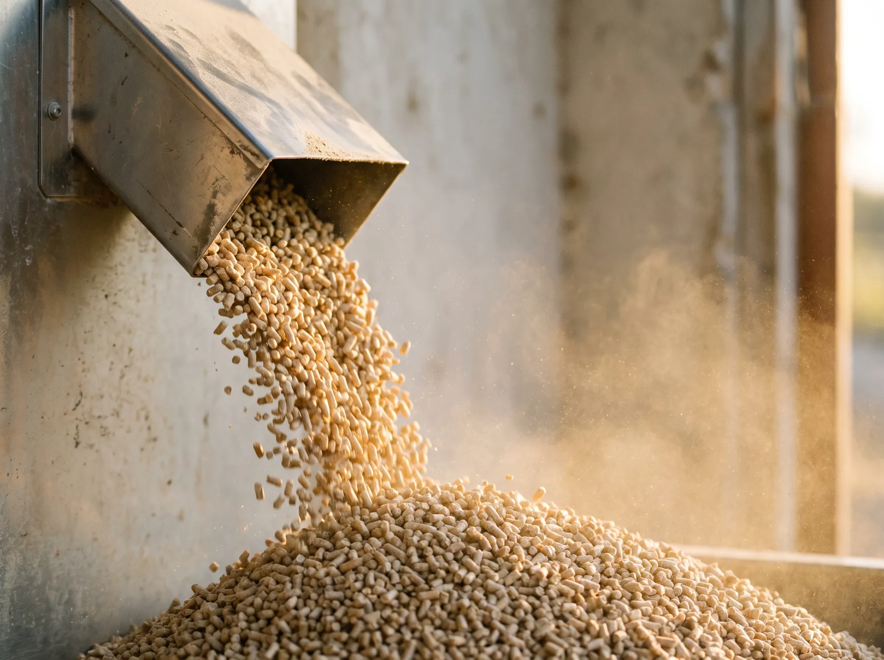 Feed pellets pouring from a steel chute into a heap, with fine dust in the evening light