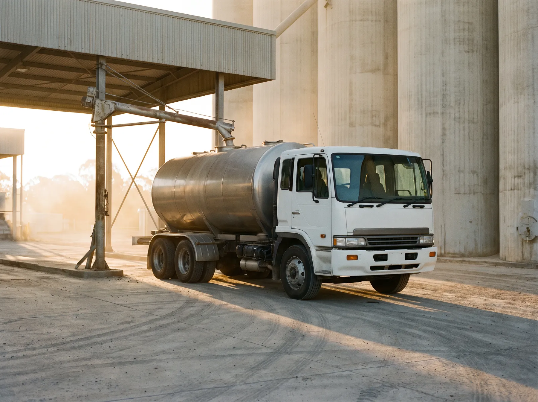 A white bulk feed tanker parked in a dispatch bay under a loading spout, with concrete silos behind