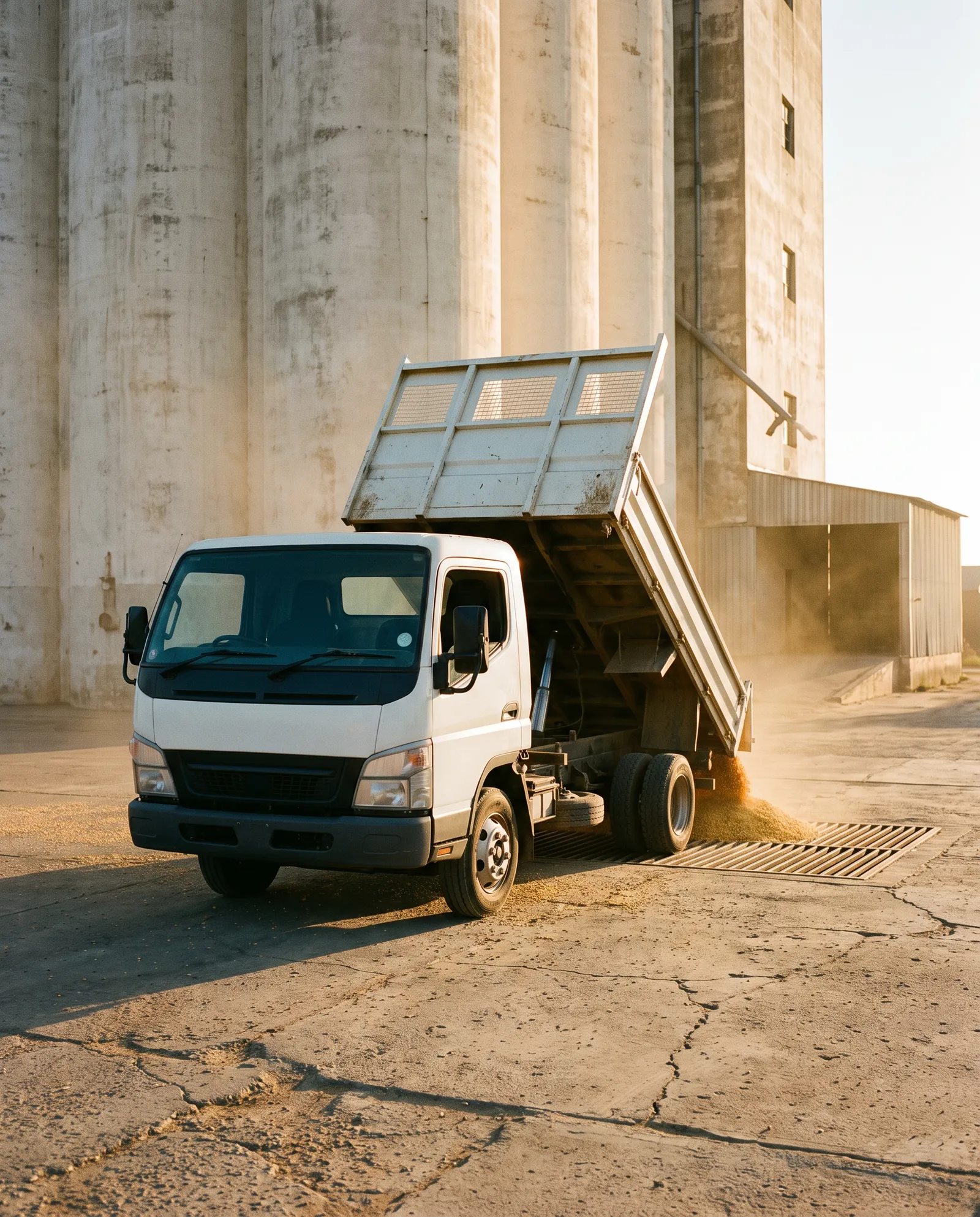 A tipper truck with its body raised, pouring maize onto a steel intake grate below tall concrete silos