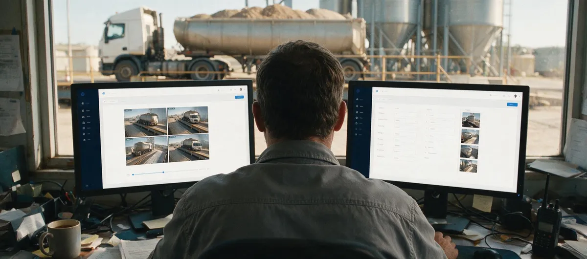 Illustrative weighbridge operator seen from behind at two screens showing camera views and weighbridge records, watching a loaded truck on the weighbridge