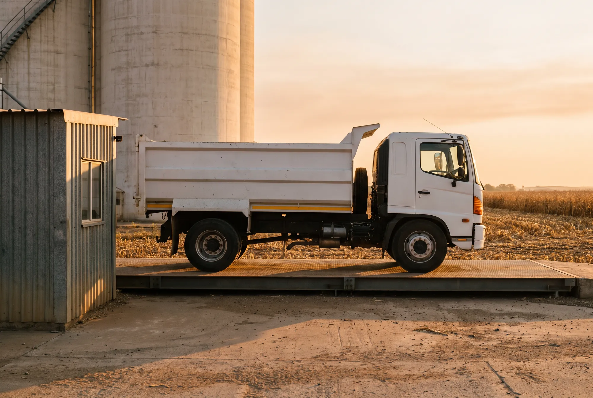 A white tipper truck standing on a weighbridge deck beside a small instrument cabin, with concrete silos behind, at golden hour
